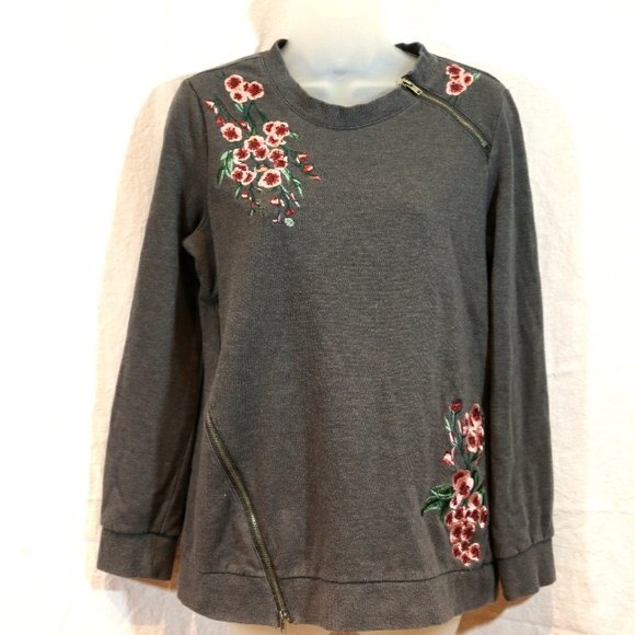 Nanette Lepore Gray Floral Embroidered Pullover Sweatshirt Size Small - Picture 2 of 12
